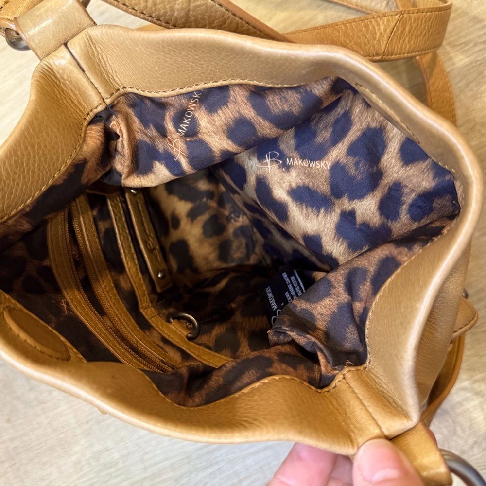 BMakowsky Tan Leather Crossbody Bag with Silver and Wood Detail Leopard Lining - Picture 4 of 4